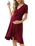KOJOOIN Damen Umstandskleid V-Ausschnitt Stillkleid Casual Schwangerschafts Rüschen Kleider mit Gürtel Weinrot(Kurzarm) M