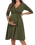 KOJOOIN Damen Umstandskleid Schwangerschafts Kleid für Schwangere Stillkleid V-Ausschnitt Langarm mit Taillengürtel（Verpackung MEHRWEG）
