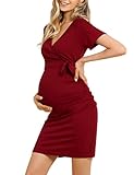 KOJOOIN Damen Elegant Umstandskleid V-Ausschnitt Schwangerschaftskleid Stillkleid mit Falten Etuikleid Weinrot(Kurzarm) S