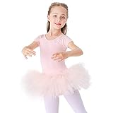 Kinder Ballettkleidung Tütü Ballettkleid Mädchen Baumwolle Balletttrikot Kurzarm Ballettanzug Tanzbody mit Rock Rosa 130