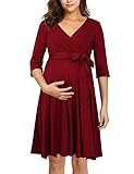KOJOOIN Damen Umstandskleid Schwangerschafts Kleid für Schwangere Stillkleid V-Ausschnitt Langarm mit Taillengürtel（Verpackung MEHRWEG） Weinrot M