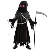 Spooktacular Creations Child Unisex Glowing Eyes Reaper Costume for Creepy Phantom Halloween Costume (Medium ( 8- 10 yrs))