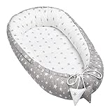 Solvera_Ltd Babynest 2seitig Kokon öko Babybett Nestchen für Neugeborene 100% Baumwolle Kuschelnest Weiches und sicheres Baby-Reisebett mit einer flachen Schlaffläche (50x90) (Grey Stars)