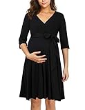 KOJOOIN Damen Umstandskleid Schwangerschafts Kleid für Schwangere Stillkleid V-Ausschnitt Langarm mit Taillengürtel（Verpackung MEHRWEG） Schwarz L