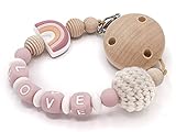 Schnullerkette/Nuckelkette/Schnullerband/Kinderwagenkette mit Namen für Mädchen aus Holz/Silikon als Babygeschenk zu Geburt/Taufe personalisiert rosa mit Regenbogen