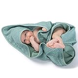 Urban Kanga Baby-Badetuch mit Kapuze Doppelseitiges Kapuzentuch 100% Baumwolle Musselin (Grüne Punkte), 75 x 75 cm