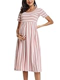 Love2Mi Damen Kurzarm Umstandskleid Schwangerschafts Kleid Streifen Knielang A-Line Umstandsmode, Dunkelrosa Weißer Streifen, M