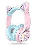 iClever Kopfhörer für Kinder, Katzen Ohren LED Light Up Kinder Bluetooth kabellose Faltbare Kopfhörer Over Ear für Schule/Tisch/PC