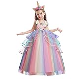 NNJXD Mädchen Einhorn Kleid Applikation Party Cosplay Halloween Kostüm (140) 7-8 Jahre 719 Rosa-A