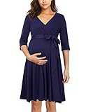 KOJOOIN Damen Umstandskleid Schwangerschafts Kleid für Schwangere Stillkleid V-Ausschnitt Langarm mit Taillengürtel（Verpackung MEHRWEG）