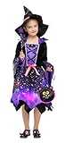GEMVIE Kinderkostüm Halloween Mädchen Hexe Kostüm Karneval Fasching Cosplay Leuchtende Kostüme Violett Prinzessin Kleid + Hexenhut + ZuckerBeutel + Zauberstab 4-6 Jahre