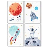 Pandawal Kinderzimmer Bilder für Junge und Mädchen Weltraum/Astronaut/Planeten Deko 4er Poster Set (S2) für Kinder Wandbilder im DIN a4 Format Kinderposter