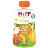 HiPP HiPPiS Quetschbeutel, Pfirsich in Apfel-Mango, 100% Bio-Früchte ohne Zuckerzusatz, 6 x 100 g Beutel