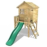 REBO Kinder Spielhaus für den Garten, Outdoor Kinderspielhaus mit Rutsche, Kinder Gartenhaus 167 x 298 x 232 cm aus Holz für Draußen