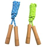 Homello Verstellbare Springseil für Kinder, Springen Seil mit Holzgriff und Baumwollseil, ideal für Fitness Training/Spiel/Fett Brennen Übung - 260cm (Grün + Blau, 2 Stück)