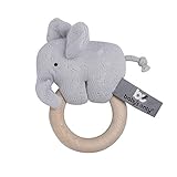 BO Baby's Only - Baby Rassel Elefant - Beißring - Babyspielzeug 0+ Monate - Aus Holz - Mit gestricktem Stofftier - Silbergrau