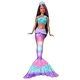 Barbie HDJ37 - Barbie Brooklyn Zauberlicht Meerjungfrau (30 cm, braune Haare) mit wasseraktivierter Leuchtfunktion und pinken Strähnen, Spielzeug Geschenk für Kinder ab 3 Jahren