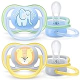 Philips Avent Ultra Air Schnuller, 2er-Pack – BPA-freier Schnuller für Babys von 0 bis 6 Monaten, Elefant/Löwe (Modell SCF085/01)
