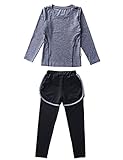 Echinodon Mädchen Sport-Set 2tlg Schnelltrockend Langarmhirt + Hose mit Shorts Trainingsanzug für Jogging Training Yoga Grau 170
