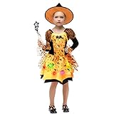 GEMVIE Kinderkostüm Mädchen Halloween Hexe Kostüm Karneval Fasching Cosplay Leuchtende Kostüme Orange Hexenkleid + Hexenhut + ZuckerBeutel + Zauberstab 7-9 Jahre