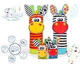 Baby Rassel-Spielzeug - Cute Animal Infant 4 (2 Taille und Socken) Soft Wrist Strap Rattles & Foot Finder Set Soft Entwicklungsspielzeug für Kinder, Bunte Sozzy-Socken von Funky PlanetDevelopment Toy for Children, Colourful by Funky Planet