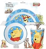 P:os 33543 - Frühstücks-Set mit Winnie the Pooh Motiv, 3-teiliges Geschirr-Set mit Teller, Müsli-Schale und Trink-Becher, Kinder-Service aus Kunststoff, mikrowellengeeignet