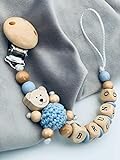 Schnullerkette mit Namen Natur Holz & Pastellblau Teddy Bär Junge personalisierte Baby Geschenk
