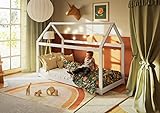 Alcube® Hausbett 90x200 im Montessori Stil für Kleinkinder mit Lattenrost und Dach für Mädchen und Jungen - Kinderbett 90x200 Bodentief aus massivem Kiefernholz - Bett in Weiß