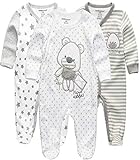 Kiddiezoom Baby Jungen Pyjama, eng-anliegend mit integrierten Schuhen, langarm, Baumwolle Gr. 50, Grauer Bär & Stern & gestreifter Bär