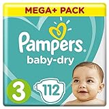 Pampers Baby-Dry Windeln Größe 3 (6–10 kg), Luftkanäle für atmungsaktive Trockenheit die ganze Nacht, Mega plus Pack, 1er Pack (1 x 112 Stück)