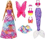 Barbie GJK40 - Dreamtopia 3-in-1 Fantasie Spielset, Puppe (blond) mit 3 Outfits und Zubehör: Fee, Meerjungfrau und Prinzessin, Spielzeug ab 3 Jahren