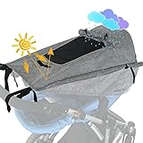 WD&CD Sonnensegel Kinderwagen mit UV Schutz 50+ und Wasserdicht, Double layer fabric mit Sichtfenster und extra breite Schattenflügel - Grau