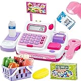 BUYGER 34 Stück Elektronische Kasse Spielzeug Supermarkt Registrierkasse mit Scanner Mikrofon Kaufladen Zubehör Rollenspiel Spielzeug für Mädchen Jungen ab 3 Jahre (Rosa)