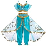 FYMNSI Mädchen Aladdins Göttin Jasmin Kostüm Prinzessin Karneval Cosplay Weihnachten Halloween Party Verkleidung Kinder Blau Pailletten Bauchfrei Top Hose Set Klassisch Ankleiden Outfit 7-8 Jahre