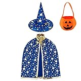 Jackcell Kinder Halloween Kostüm, Wizard Cape Witch Umhang mit Hut, Kürbis Candy Bag, Zauberer Mantel mit Requisiten für Jungen Mädchen Cosplay Party (Blau)