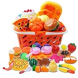 DigHeath 34 Stück Kinder Küchenspielzeug, Schneiden Lebensmittel Obst Gemüse Spielzeug, Lebensmittel Spielzeug Set mit Korb, Pädagogisches Lernen Spielzeug Rollenspiele