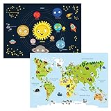 kizibi® Weltkarte und Planeten Poster Set A2 für Kinderzimmer, Lernposter für Mädchen und Jungen, Orbit Kontinente | für Kindergarten, Vorschule oder Grundschule