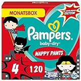 Pampers Windeln Superhelden Pants Größe 4 (9-15kg) Baby-Dry, Maxi, 120 Höschenwindeln mit Stop- und Schutz Täschchen, MONATSBOX