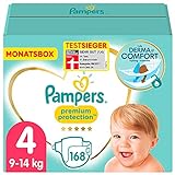 Pampers Baby Windeln Größe 4 (9-14kg) Premium Protection, 168 Stück, MONATSBOX, Pampers Weichster Komfort Und Schutz
