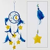 Traumfänger Mond und Sterne aus Muscheln blau gelb 50cm Federn Indianerschmuck