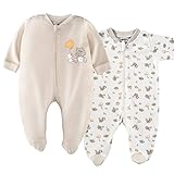 Jacky 2er Set Baby Schlafstrampler / Schlafanzug mit Füßen / Unisex / 100 % Baumwolle / Weiß / Beige / Öko-Tex schadstoffgeprüft (62/68)