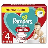 Pampers Windeln Pants Größe 4 (9-15kg) Baby-Dry, Maxi, 160 Höschenwindeln mit Stop- und Schutz Täschchen, MONATSBOX (Verpackung kann variieren)