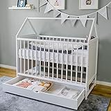 Babybett Beistellbett Kinderbett und Hausbett in einem - 120x60 weiß mit Schublade, höhenverstellbar und umbaubar