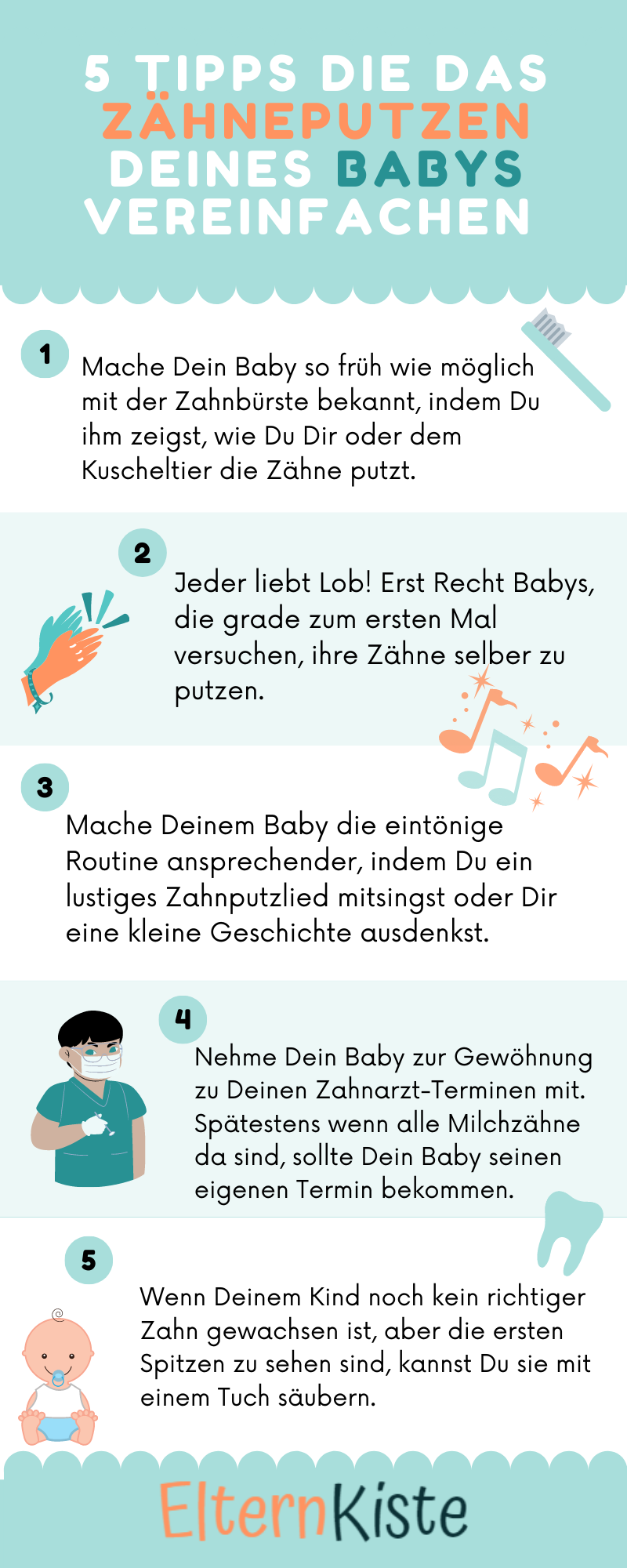Infografik mit Tipps zum Zähneputzen bei Babys